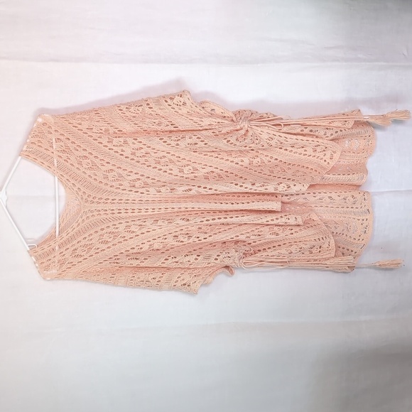 🍉 Peach Open Knit Crocheted Poncho Ruched Tie Sides Bohemian One Size - Picture 1 of 4
